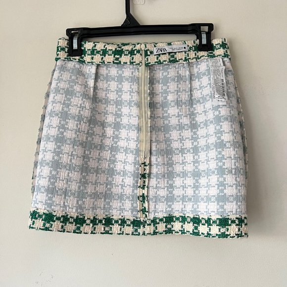 NEW Zara Tweed Green Cream Bejeweled Houndstooth Mini Skirt- Size S - Picture 13 of 14